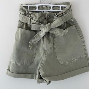Zara Paper Bag Cotton Shorts Olive Tie Front Cuffed Summer Casual Dressy Size 4